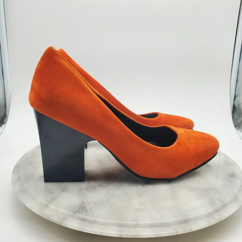 Vibrant Orange Suede Block Heel Pumps Round Toe Chunky High Heels Women Sz 6.5-7